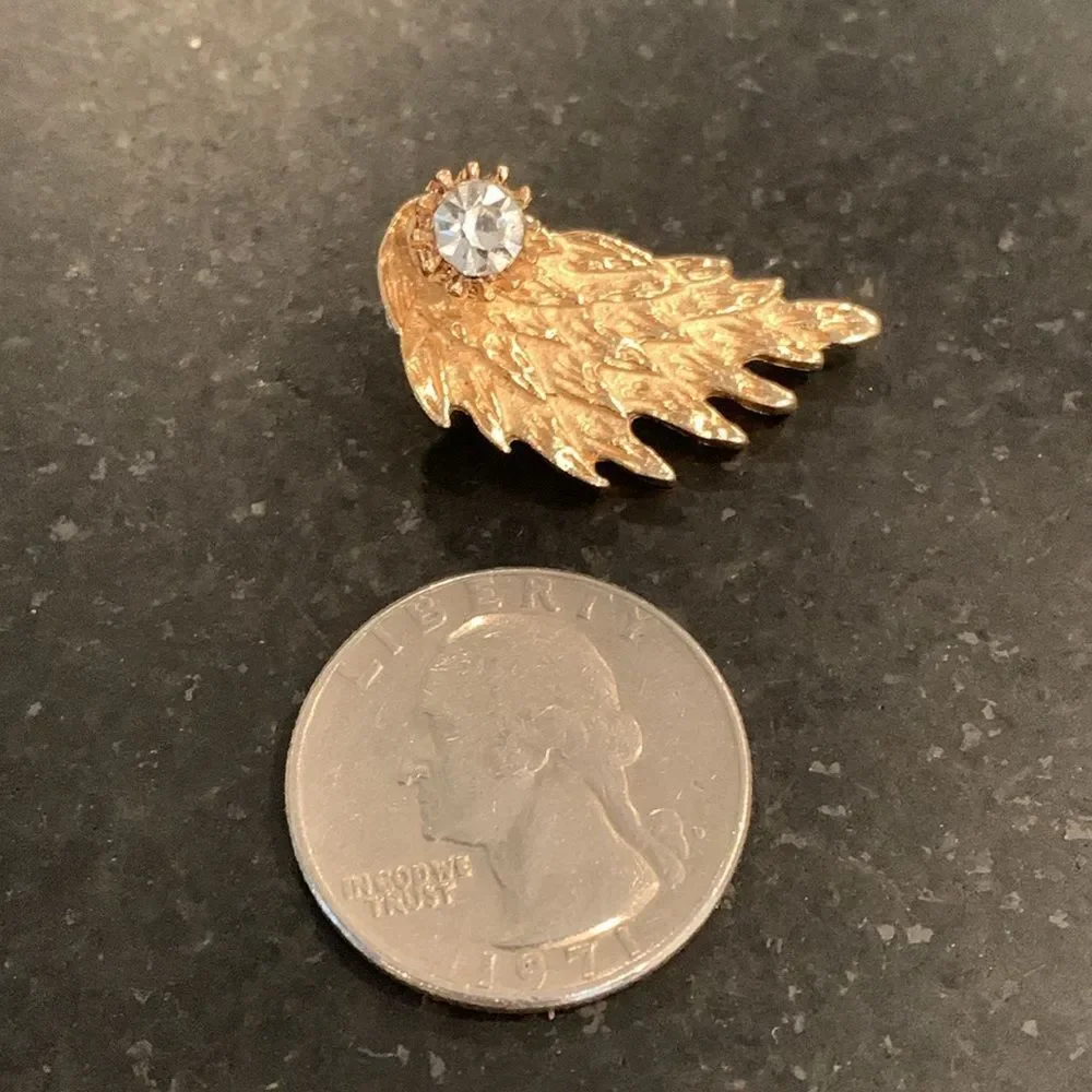 Angel Wings Stud Earrings in Gold Tone with Faux Diamond Crystals